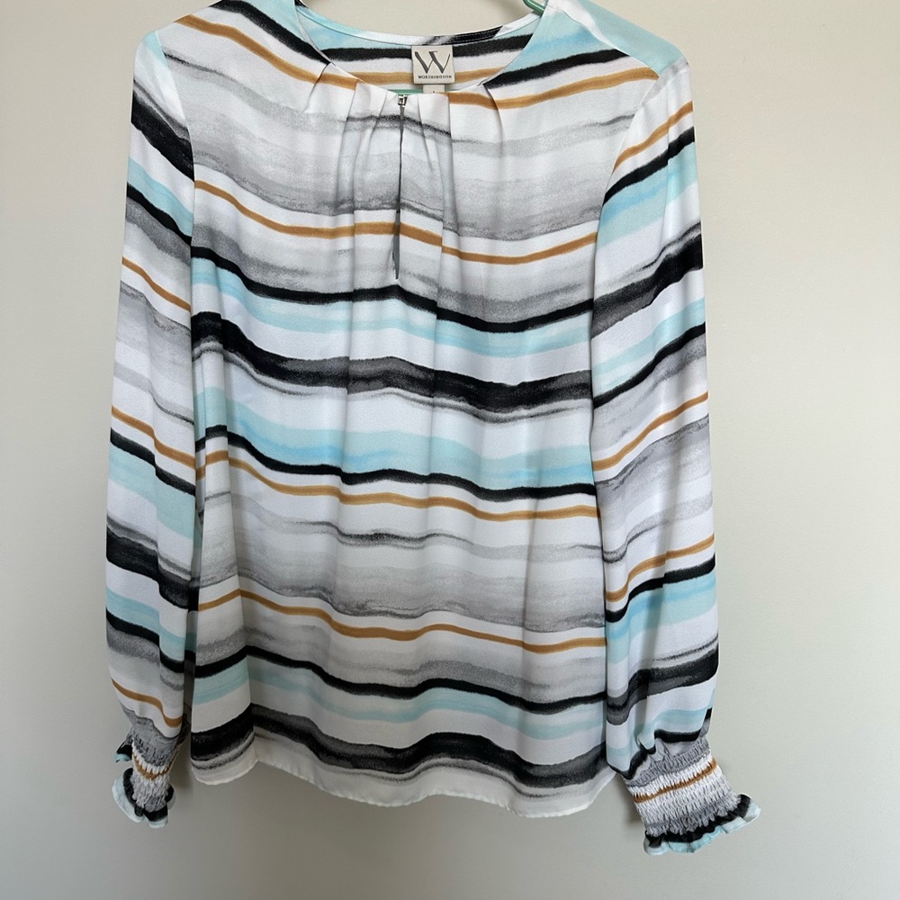 Worthington Blue and White Cuffed Sleeve Blouse Relaxed Fit